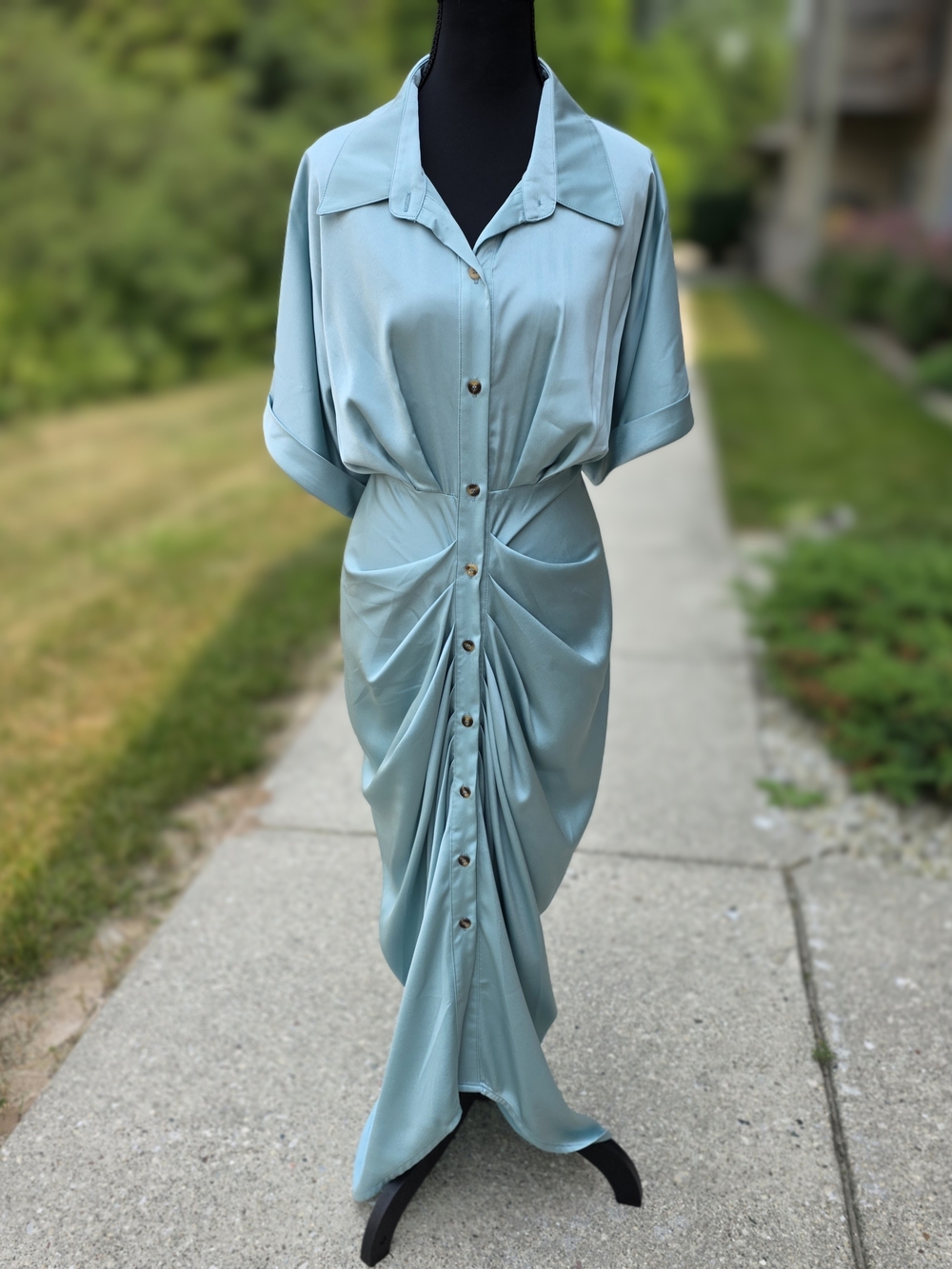Boutique Seafoam Ruched Button Front Maxi Shirt Dress XL